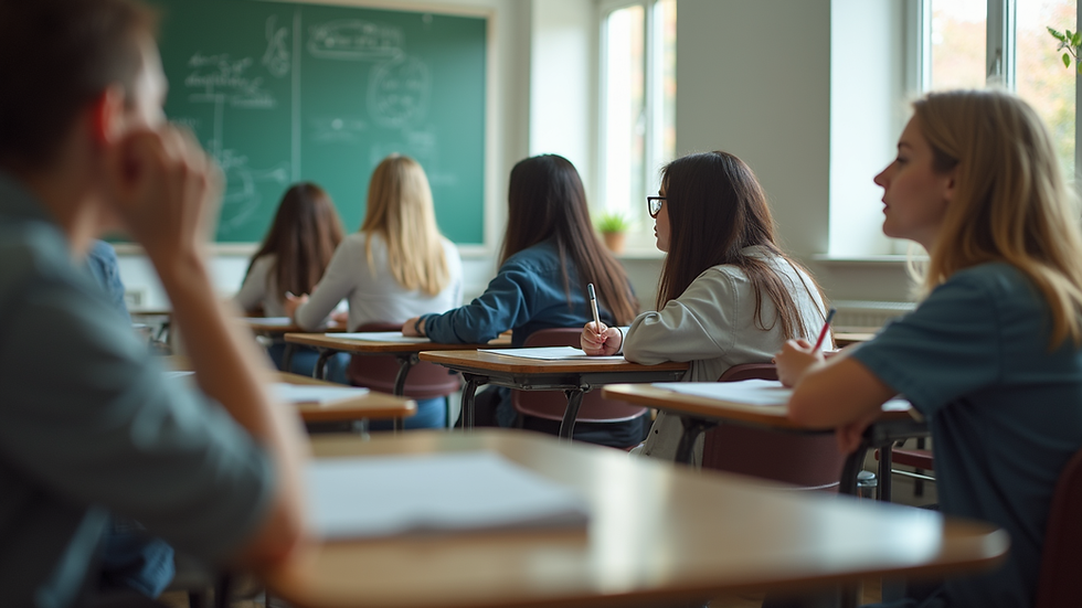 Eye-level view of a classroom filled with students engaged in learning