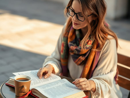 Woman traveling solo reading, drinking coffee