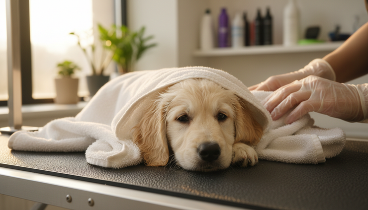 Close-up view of a puppy being gently dried with a towel after a bath.