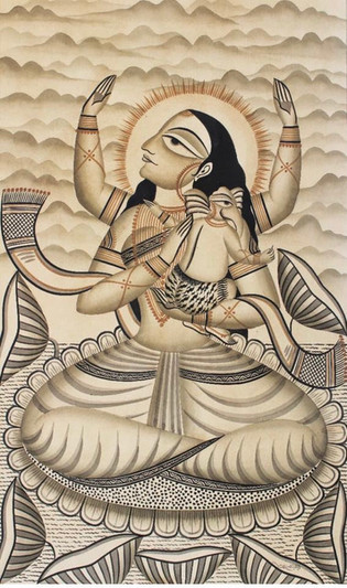 Mother Goddess, Parvati with Ganesha - Kalighat Pattachitra