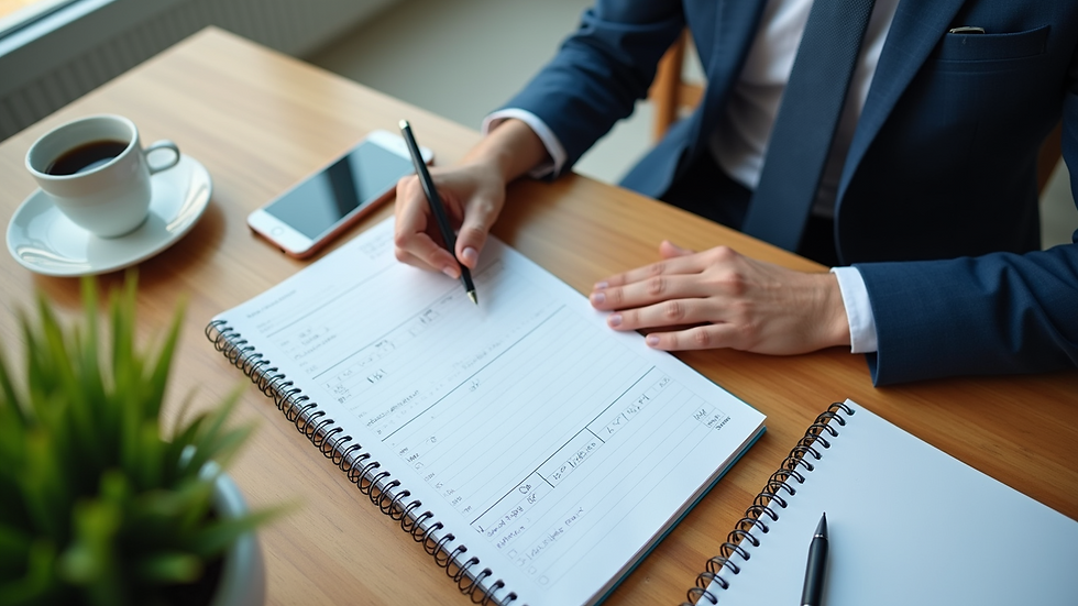 High angle view of a desk with a planner, coffee, and smartphone