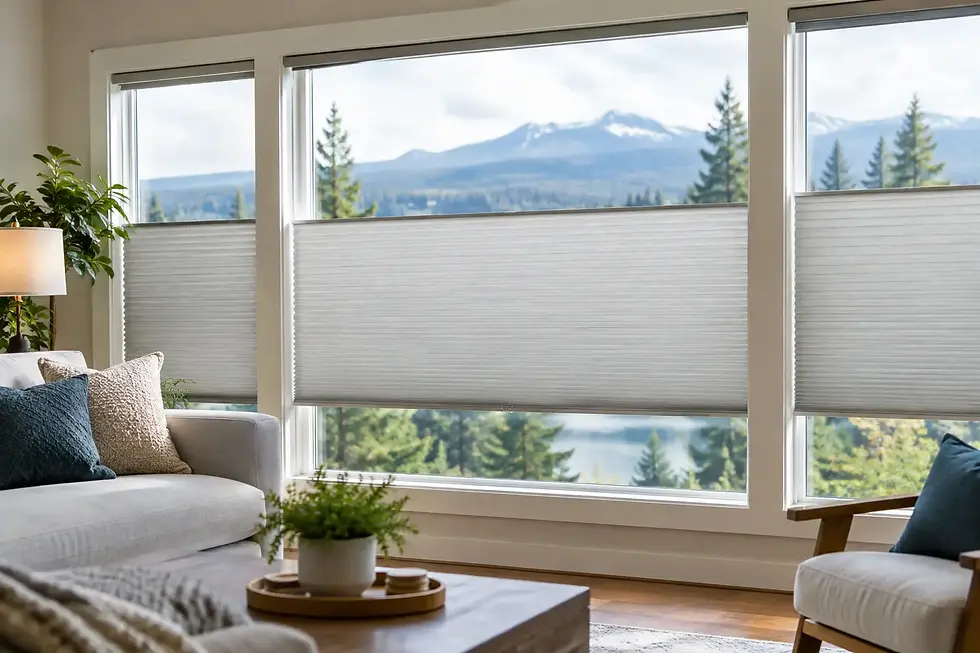Bright living room with white sofa, plants and top down bottom up window coverings, overlooking snowy mountains through large windows.