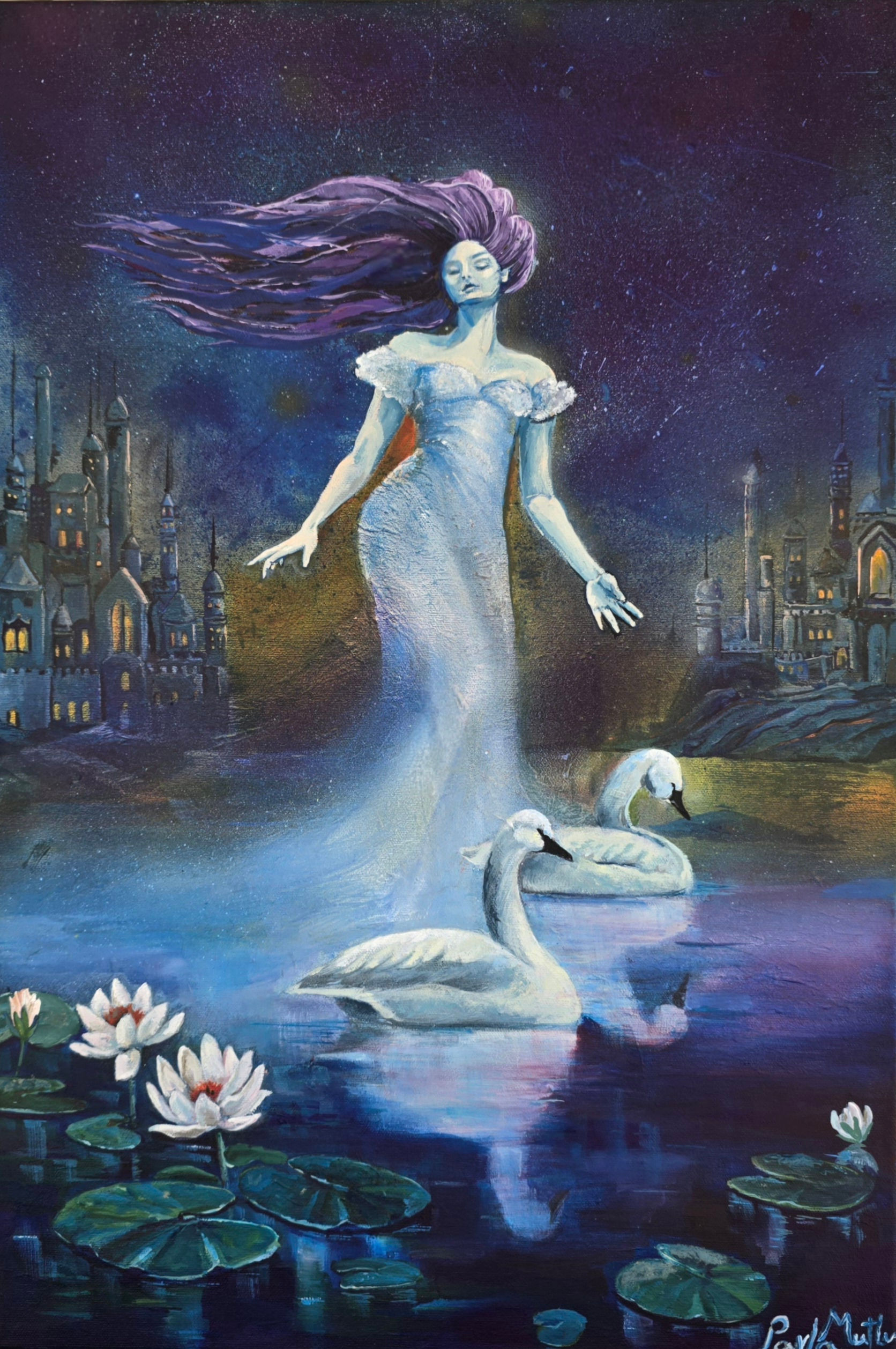 Parla Mutlu'nun Afrodit tablosu. Mor saçlı figür, kuğular ve nilüferlerle çevrili, kozmik rüya atmosferinde.