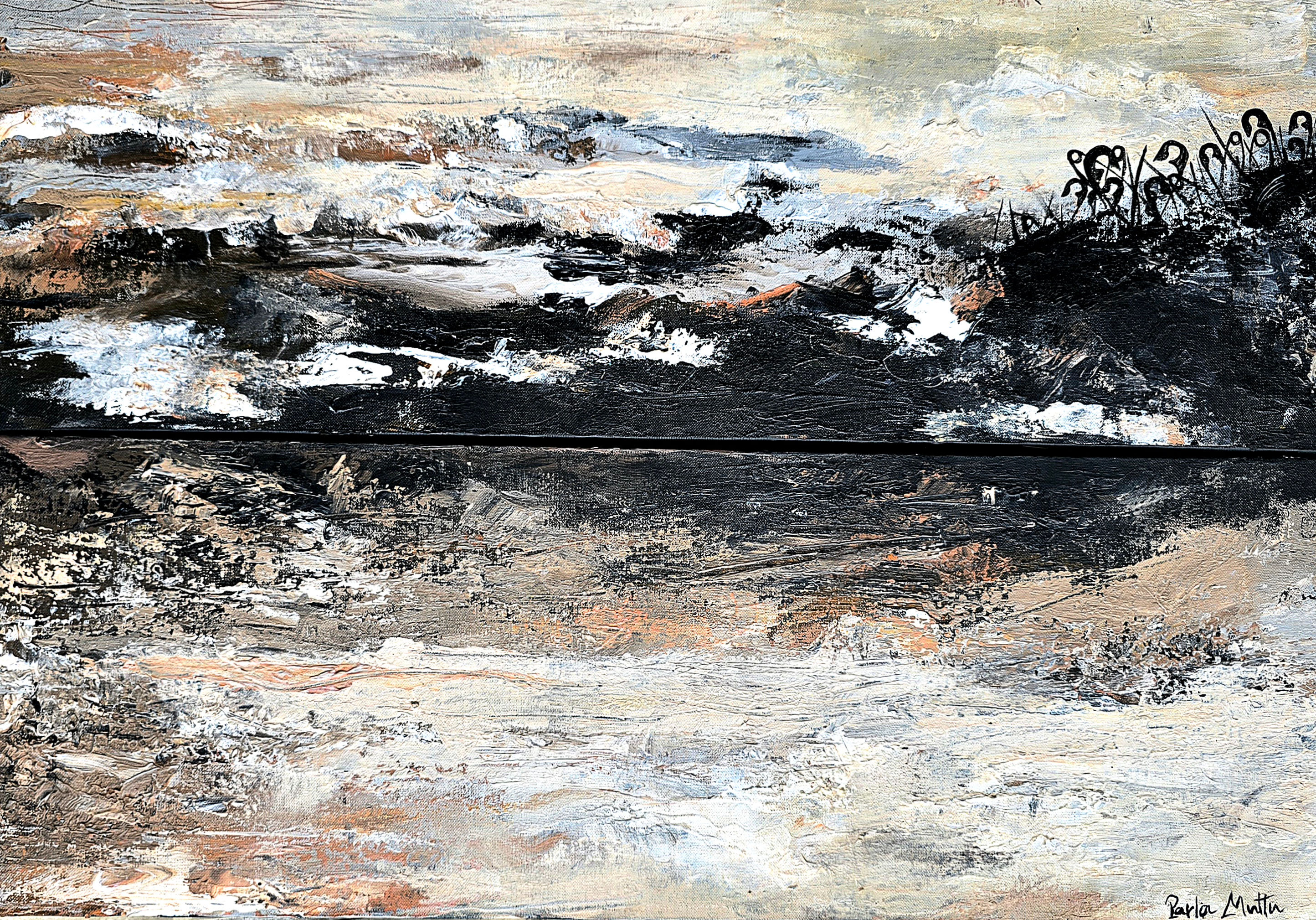 Soyut bej resim, minimalist doku ve bir Çalkantı anını sabitleyen çengelli iğne