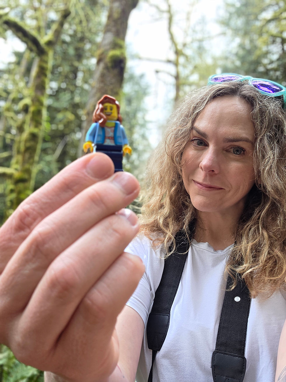Caralie and her Lego alter-ego hitting the trail