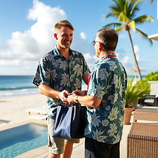 concierge wearing hawaiian print shirt delivering bag to a beach vacation rental guest.jpg