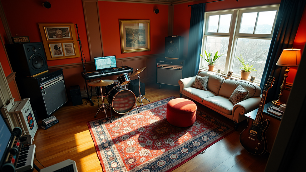 High angle view of a vibrant music studio with instruments