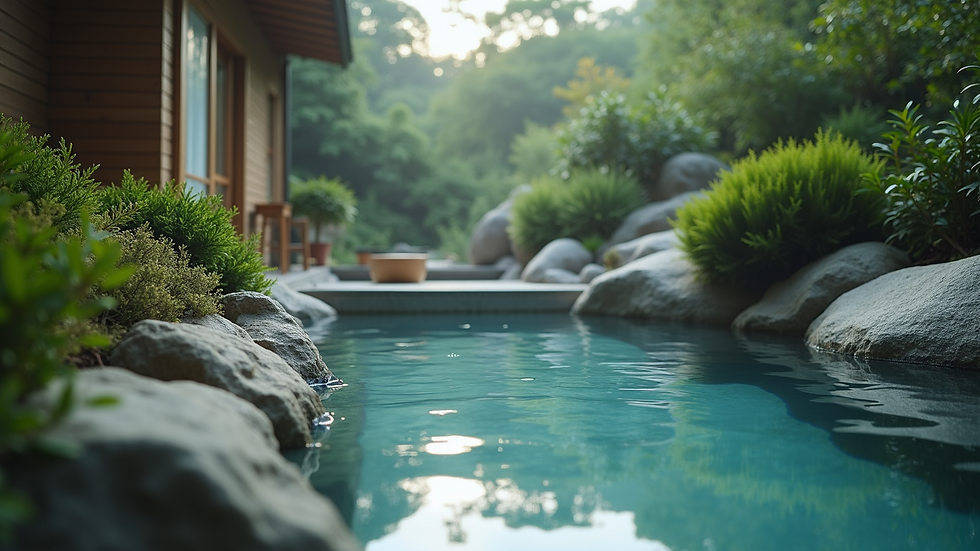 Close-up view of a private onsen bath surrounded by natural rocks and greenery