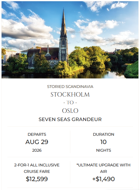 Scenic view of a church by a river with lush greenery under a cloudy sky. Text below promotes a Stockholm-Oslo cruise, Aug 29, 2026, 10 nights.