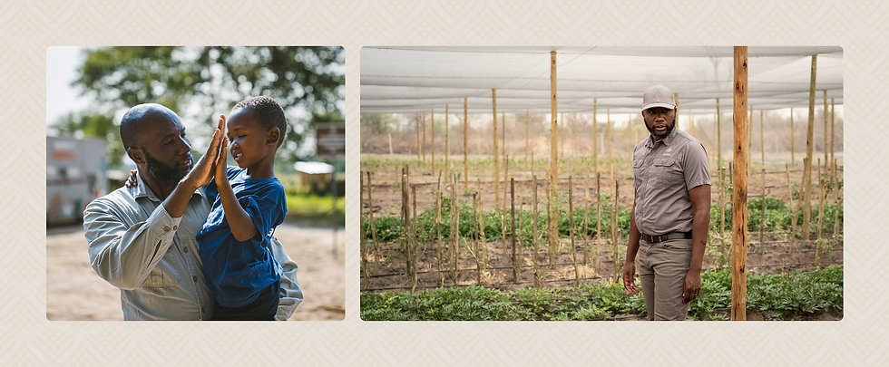 Father and son high-five outdoors, smiling. Man in a cap stands in a greenhouse with plants, looking engaged. Bright, natural setting.