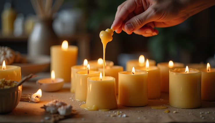Close-up view of a hand pouring wax into a candle mold at Mount Rocks workshop