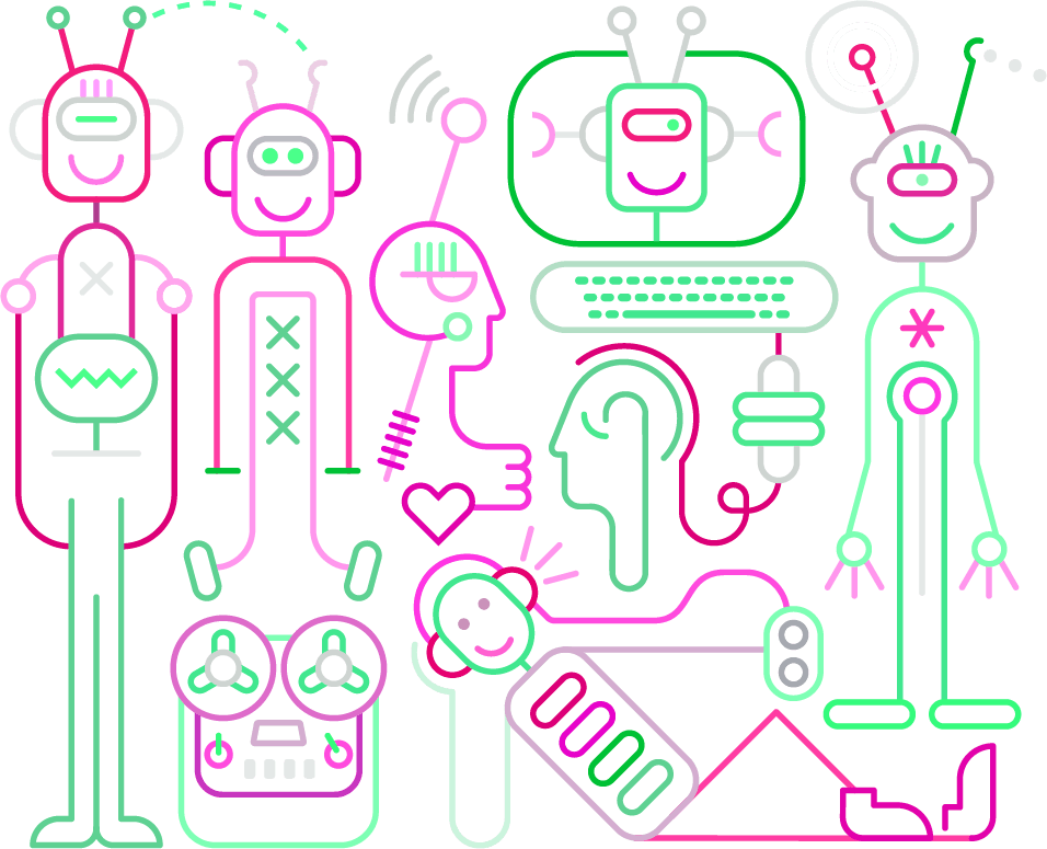 Colorful abstract shapes and figures in pink and green