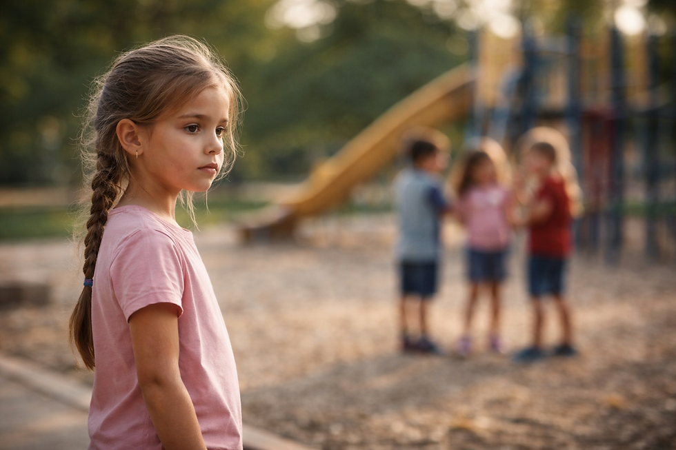 ילדה עומדת בצד מגרש משחקים ומתבוננת בילדים אחרים משחקים ברקע – המחשה לקושי חברתי אצל ילדים