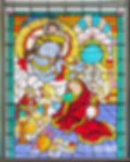 Stained-glass window of Queen Meera, devotee of Hindu god Krishna shown here worshiping his statue while Krishna looks on.