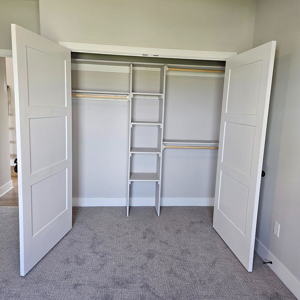 Reach in bedroom closet double hang single hang center shelf stack
