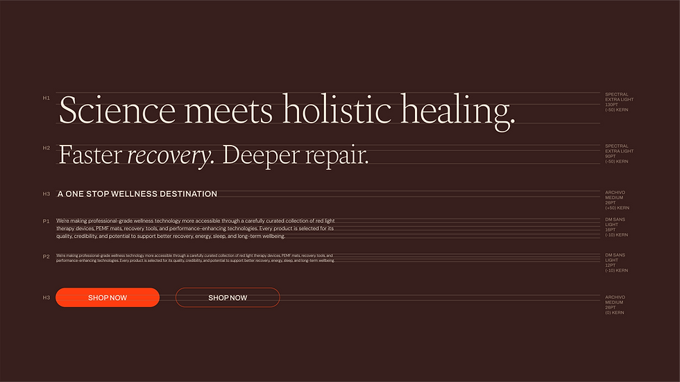 Rejuv's typography system on a deep burgundy background, showing headline, subheading, body and button styles led by the line "Science meets holistic healing."