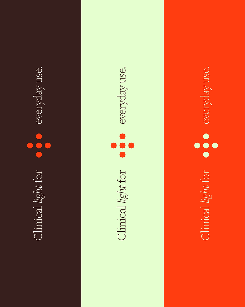 Three colour panels in burgundy, sage green and orange with the emblem and vertical "Clinical light for everyday use" text.