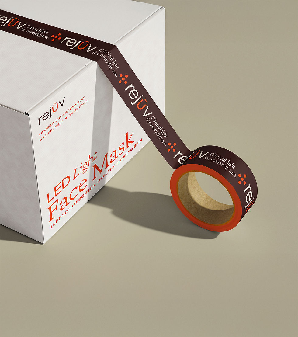 Rejuv's LED Face Mask packaging box sealed with branded tape, in cream, red and orange.