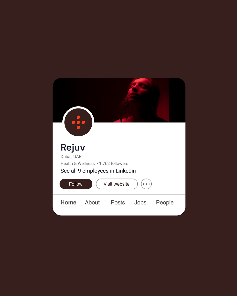 A mockup of Rejuv's social media profile page on a deep burgundy background.