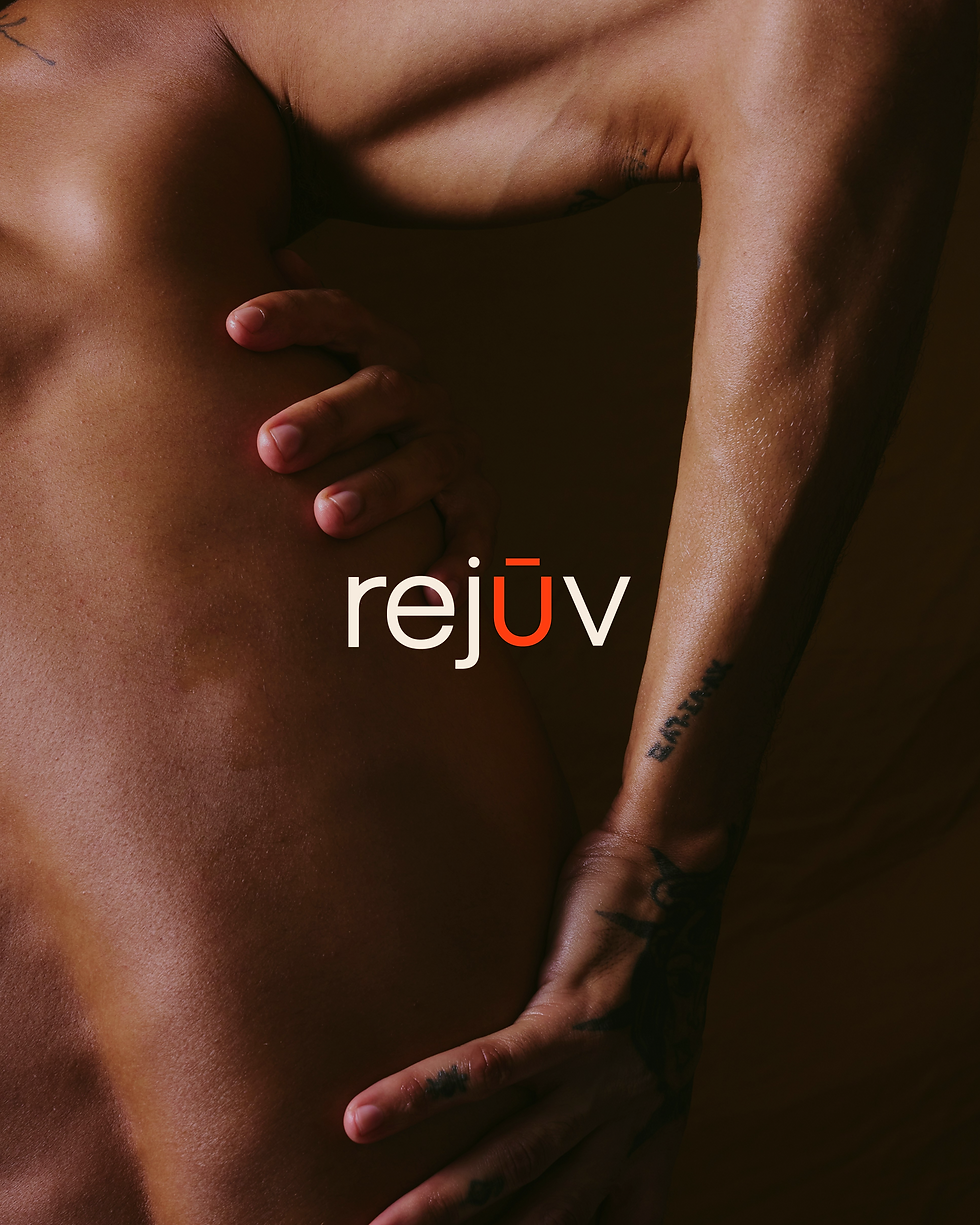 A warm-lit close-up of a person's torso with the Rejuv wordmark overlaid in cream.