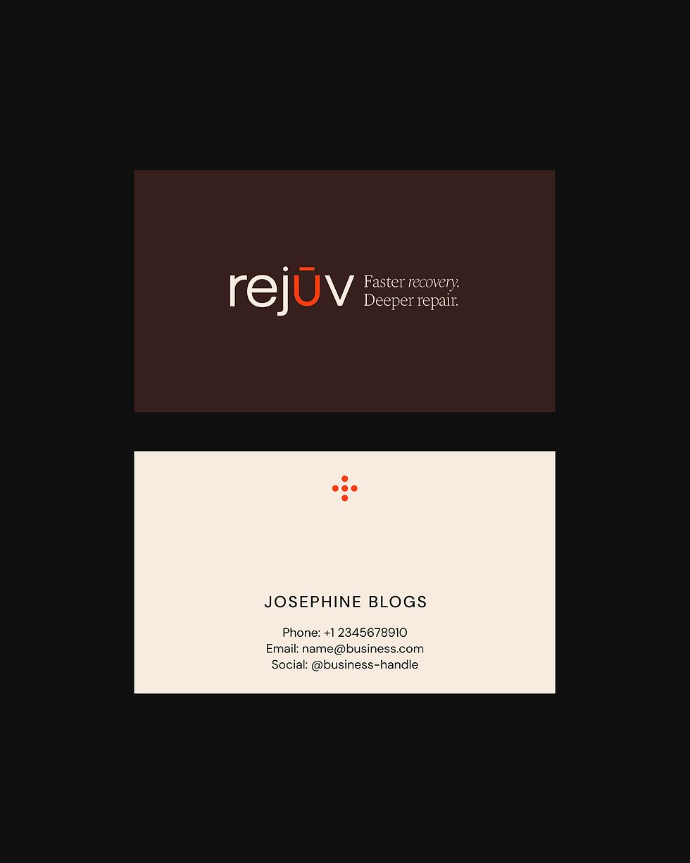 Two Rejuv business cards, one in burgundy with the logo and tagline "Faster recovery. Deeper repair," the other in cream with contact details.