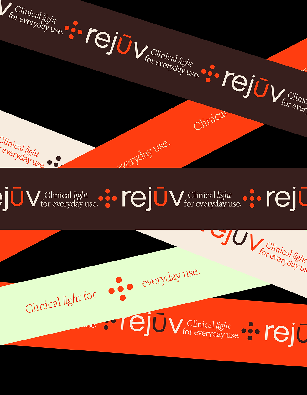 Rejuv packaging ribbon with the repeated logo and "Clinical light for everyday use" in burgundy and orange.