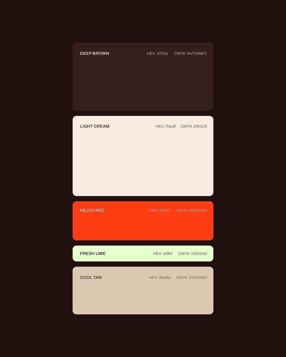 Rejuv's brand colour palette showing burgundy, cream and orange swatches in a guidelines layout.