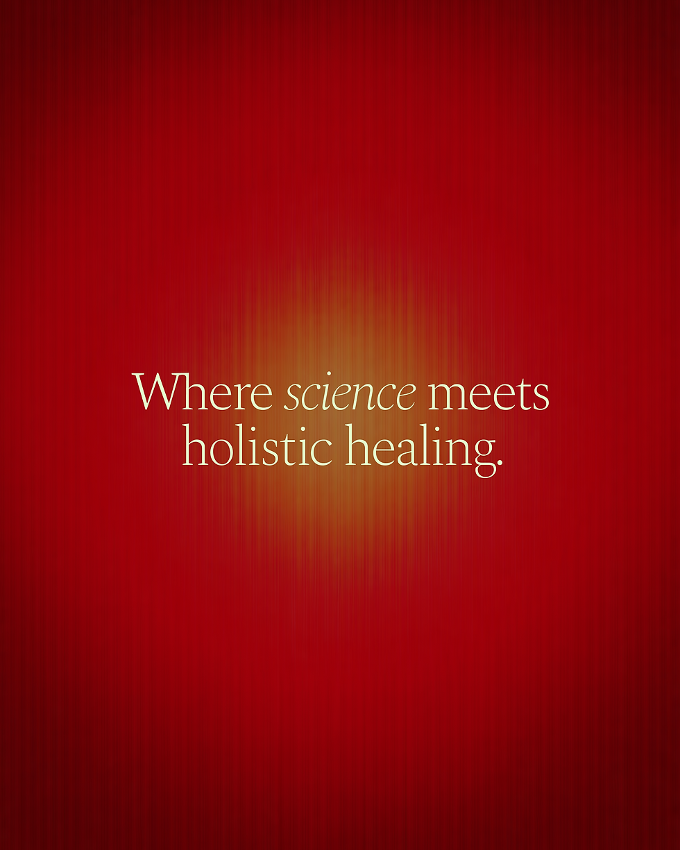 A warm red radial glow with the white text "Where science meets holistic healing."