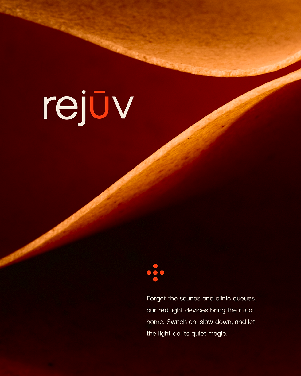 A warm amber and orange gradient featuring the Rejuv wordmark, emblem and a short brand statement.