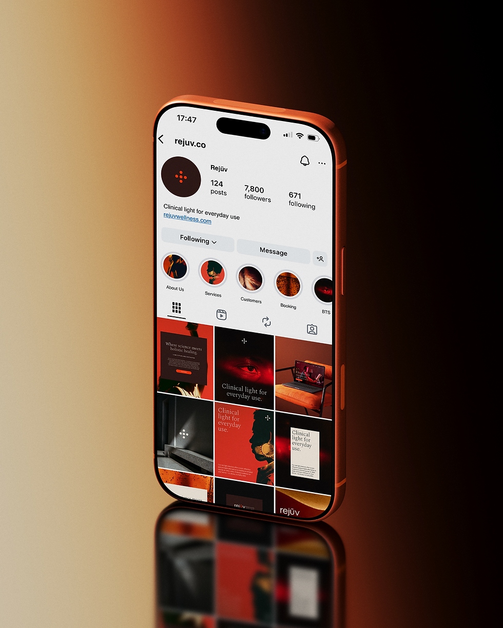 A smartphone showing Rejuv's social media profile, set against a warm orange gradient with a soft reflection.