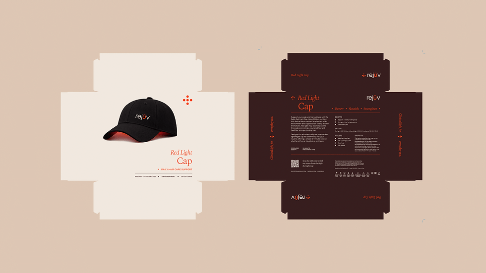 Flat packaging dielines for a Rejuv cap and box, showing the unfolded templates with branding on a cream background.