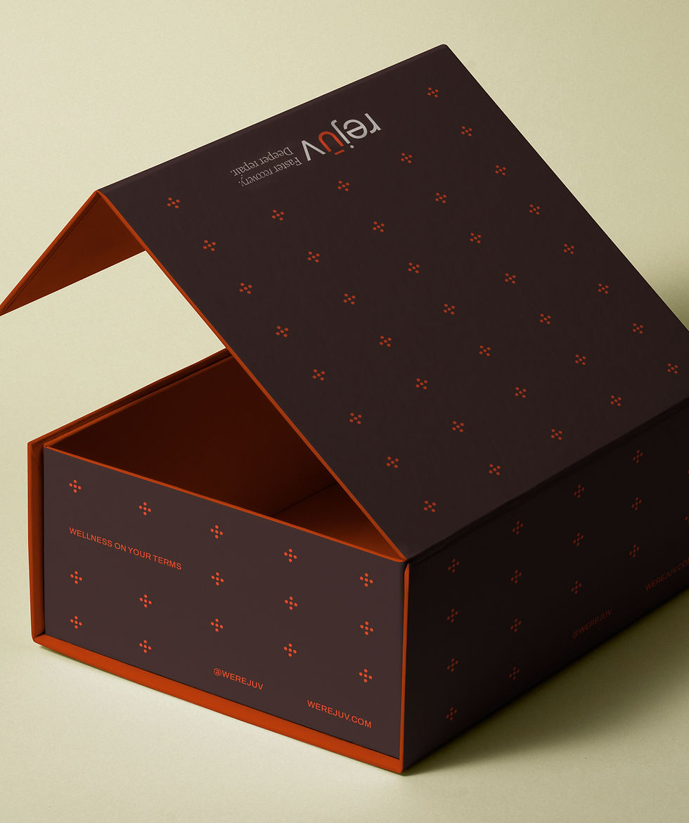 A deep burgundy Rejuv box patterned with the orange emblem, shown part open on a sage green background.