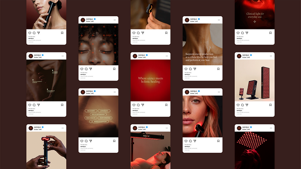 A grid of Rejuv social media posts blending lifestyle and product photography in warm red and amber tones.