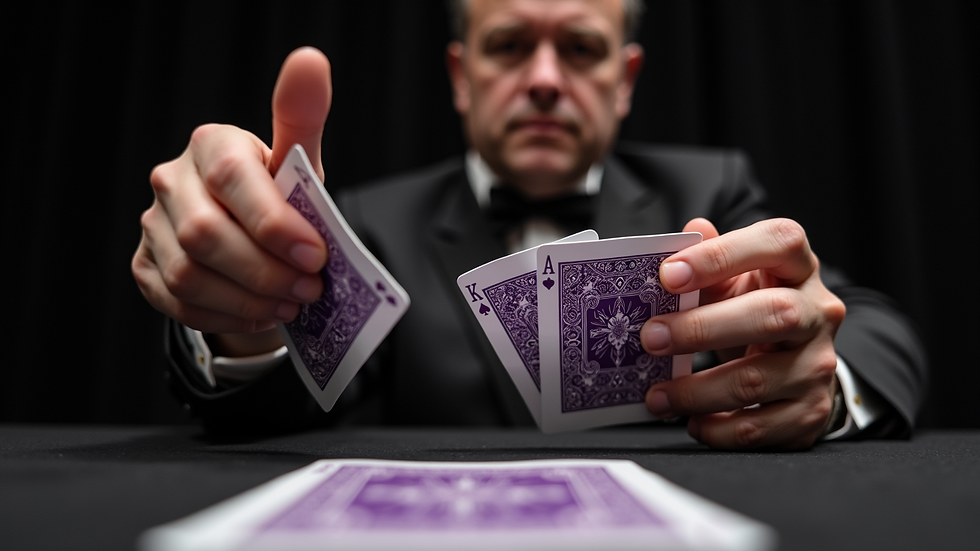 Eye-level view of a magician fanning Bicycle Purple Cards during a performance