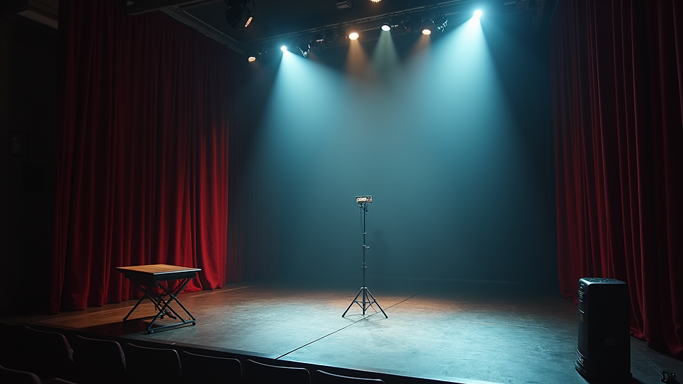 High angle view of stage with lighting and mechanical props for magic show