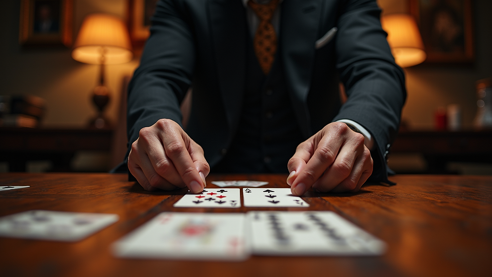Eye-level view of a magician practicing card tricks at a wooden desk