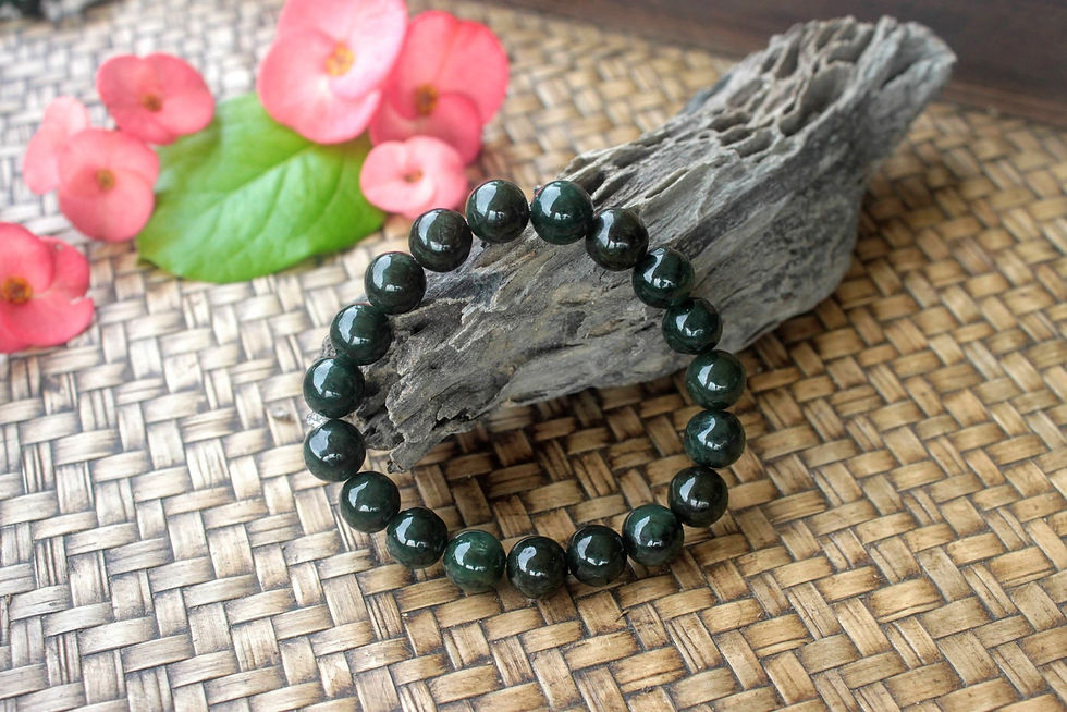 Thumbnail: Naga Green, Dark Green Jadeite Jade (Grade A) Round Beaded Bracelet (Grade A) 6"