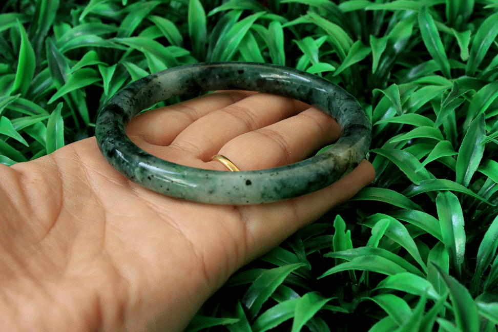 Thumbnail: Unique, 64 mm. Jadeite Jade Bangle (Grade A), Part Icy Translucent Green