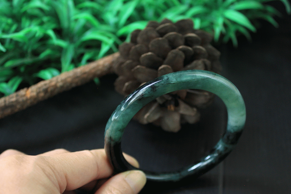 63 mm. The Princess's Bangle, Burmese Jadeite Jade, Half Dark-Green with Half Translucent-White, Han
