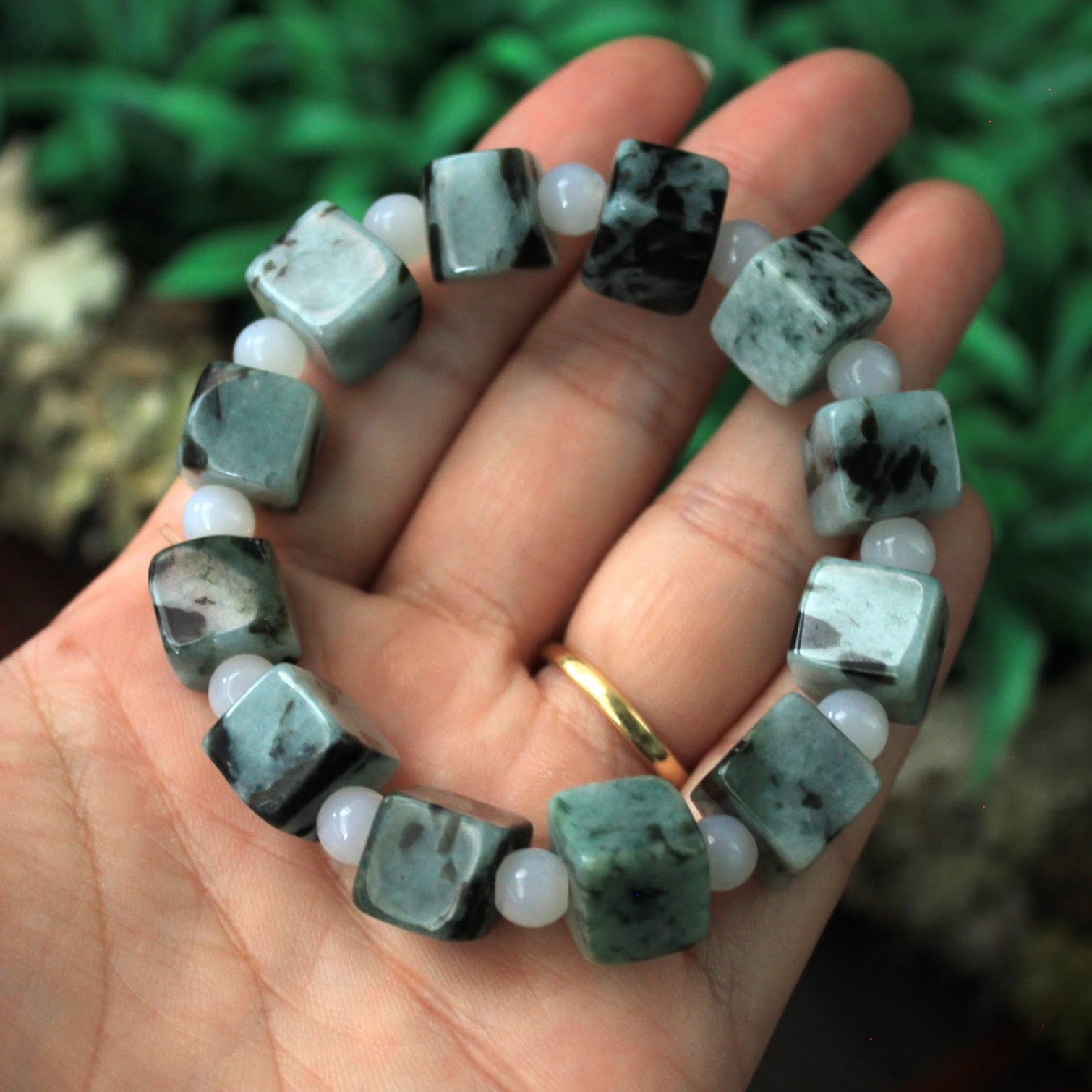 Amazing, Semi-Translucent Green with Black Spots, Jadeite Jade (Grade A) Cube