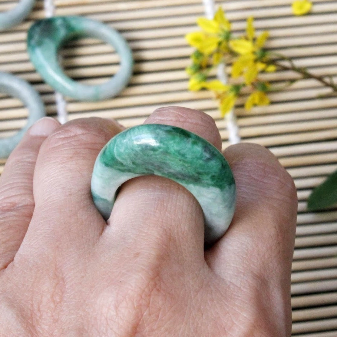 The Unique Look, Apple Green Jadeite Jade (Grade A) Hand Carved Saddle Ring