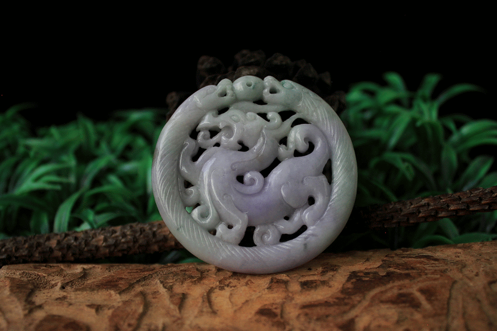 Ancient Thai Styled Dragon Pendant, Expertly Hand Carved, Light Lavender Green Jadeite Jade (Grade A