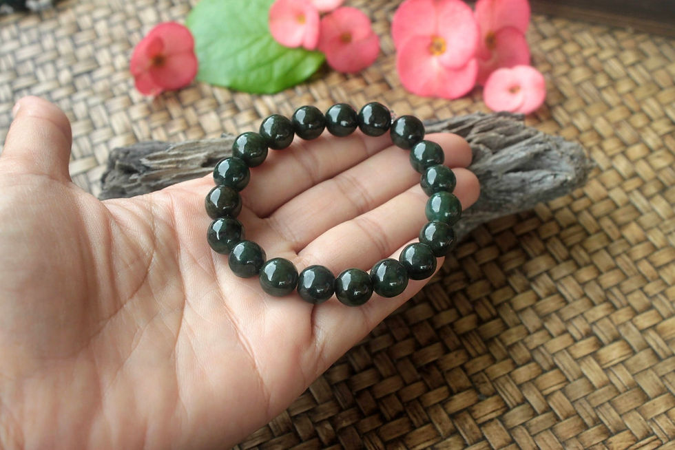 Thumbnail: Naga Green, Dark Green Jadeite Jade (Grade A) Round Beaded Bracelet (Grade A) 6"