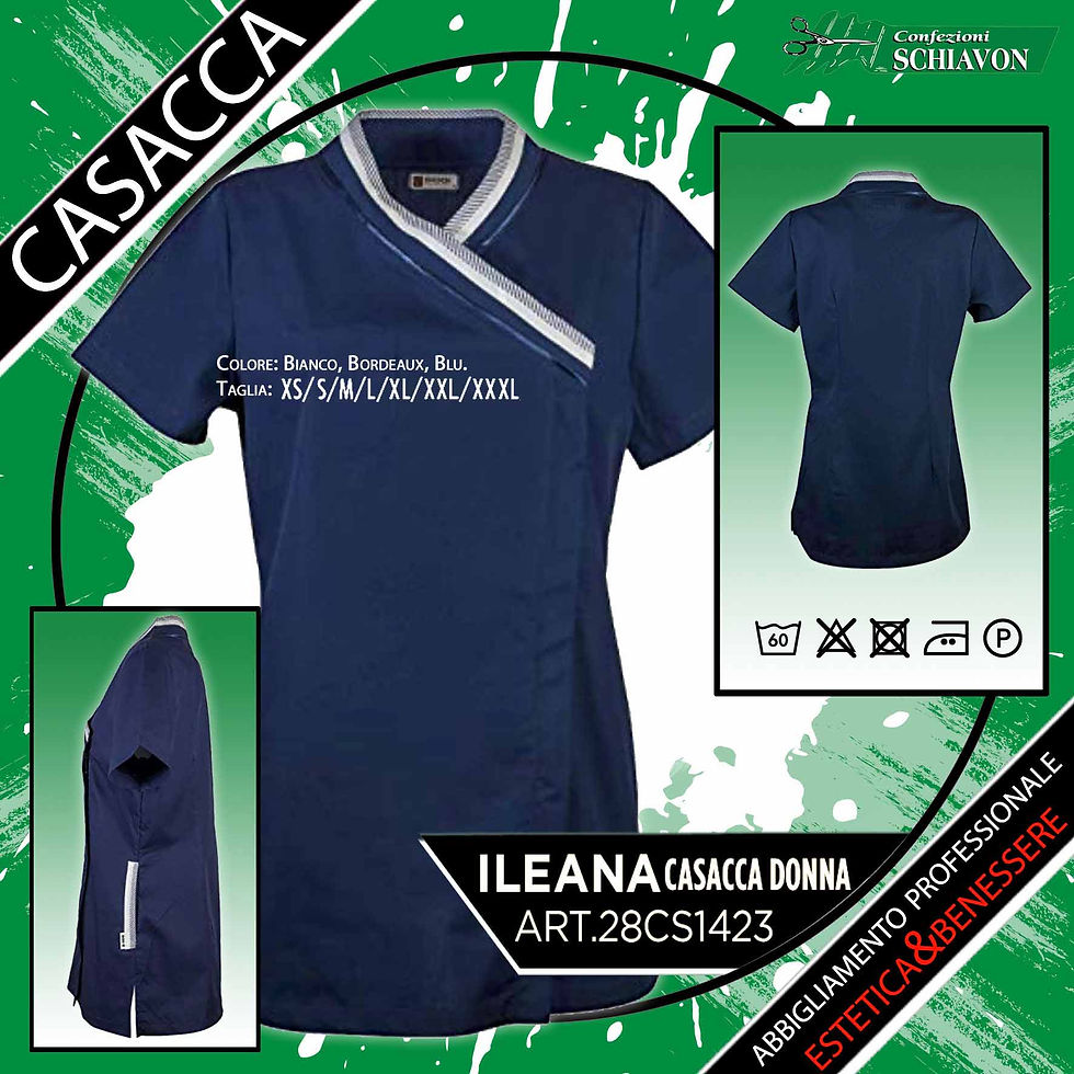 CASACCA DONNA ILEANA 28CS1423: Abbigliamento professionale estetica&benessere. Casacca donna chiusura con cerniera, due tasche, leggermente sciancrata per un ottima vestibilità, mezza manica. Composizione: 65% pol. 35% cotone 130 grammi disponibile in diversi constrasti di colori. Lavaggio: 30°/ 50° STIRO FACILE IDEALE PER L'UTILIZZO NEL SETTORE ALBERGHIERO, ESTETICO, ALIMENTARE E BENESSERE. ·TAGLIE: XS- 3XL. ·COLORE:Bianco, Blu, Bordeaux.