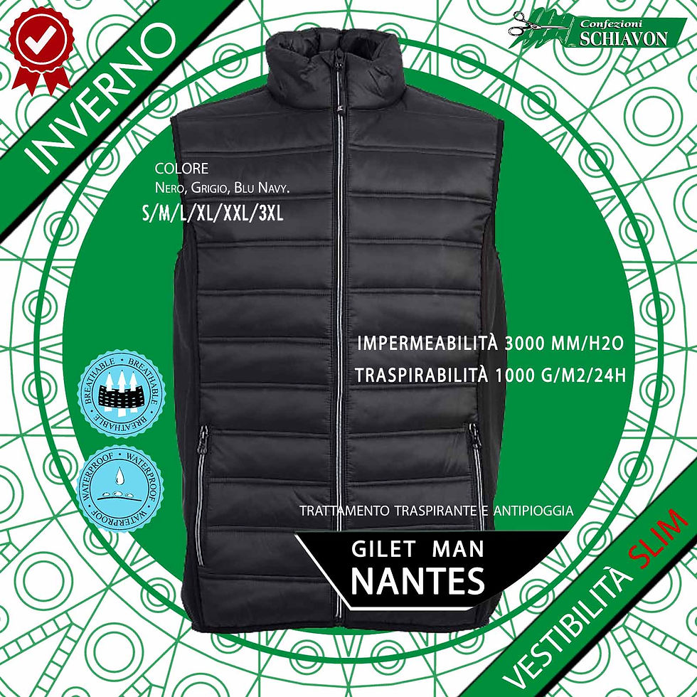 Gilet in tessuto composito impermeabile e traspirante. - Corpo: nylon 20 D water resistance con fodera in poliestere 300T. - Imbottitura in soffice poliestere (effetto piuma). - Fianchi: softshell tre strati con membrana TPU,con interno in pile antipilling. - Impermeabilità 3000 mm/H2O - Traspirabilità 1000 g/M2/24h - Cerniere con profilatura in contrasto - Due tasche con zip - Due tasche interne - Tessuto elastico nel giromanica - Tessuto elastico al fondo. ·Materiale: corpo in nylon 20D con fodera in poliestere 300T / Imbottitura in soffice poliestere ·Peso del tessuto: 180 gr/mq ·Colori disponibili: blu navy, grigio, nero ·Taglie disponibili: dalla S alla 3XL (il colore blu navy è disponibile dalla XS alla 4XL)