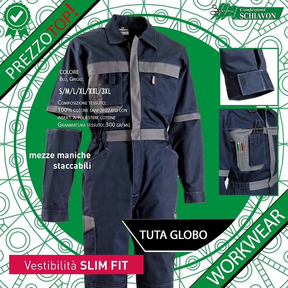 ★TUTA MULTITASCHE GLOBO BICOLORE GLOBAL TRADING ✅ Abbigliamento da lavoro professionale. ★Tuta da lavoro multitasche bicolore / Mezze maniche staccabili con cerniera / Vestibilità Slim Fit / Cerniera coperta / Elastico in vita / Velcro ai polsi / Due tasche anteriori / Due tasche posteriori chiuse con pattina e velcro / Taschino al petto con portapenne e portacellulare / Tascone con pattina su gamba sinistra / Doppia tasca applicata su gamba destra / Aperture per inserimento protezioni alle ginocchia. ·Materiale: 100% cotone sanforizzato con inserti in poliestere cotone ·Peso del tessuto: 300 gr/mq. ·Colori disponibili: blu con inserti in grigio. ·Taglie disponibili: dalla S alla 3XL. Questo prodotto è consigliato per i seguenti settori professionali: * Agricoltura e Zootecnia * Artigianato * Automotive * Edilizia * Impiantistica * Industria * Metalmeccanica * Servizi e Terziario★DIVISE AZIENDALI PERSONALIZZATE, NON È SEMPLICE ABBIGLIAMENTO DA LAVORO... Offriamo un servizio di stampa, ricamo, incisione laser e ogni altra tipologia di personalizzazione del prodotto in modo da offrire al cliente il massimo per la sua immagine aziendale in ogni situazione. Se sei interessato all’acquisto di questo prodotto richiedici un preventivo personalizzato (senza nessun impegno). Riceverai un’offerta, formulata sulle tue specifiche esigenze. SIAMO DEDICATI ALLA QUALITÀ www.confezionischiavon.com