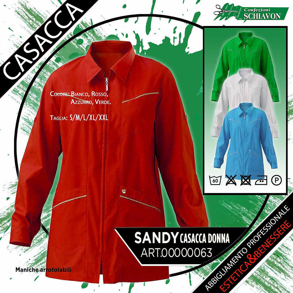Casacca donna 35%cot. 65%pol. grammi 130, colletto con risvolto classico, chiusura con cerniera ,manica lunga con bottone finale, asola interna per l'utilizzo del camice con la manica risvoltata,due tasche frontali e un taschino lato cuore. -Modello: Donna, leggermente sciancrato. - Manica: lunga. Lavaggio: 30°/ 50° STIRO FACILE. IDEALE PER L'UTILIZZO NEL SETTOREE MEDICALE, ESTETICO, BENESSERE E ALIMENTARE ·TAGLIE: S-XXL. ·COLORE:Bianco,Verde, Rosso, Blu chiaro.