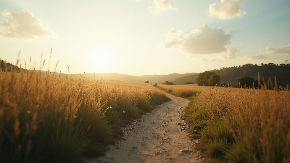 Eye-level view of a serene landscape with a winding path