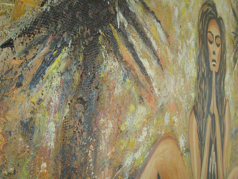 Thumbnail: Woman meditating abstract  figurative painting in a bright space living room