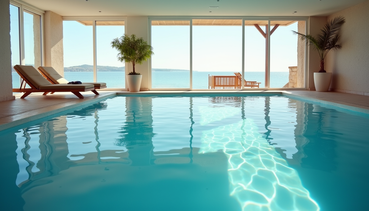 Vue rapprochée de la piscine intérieure chauffée avec vue sur la baie d'Arcachon